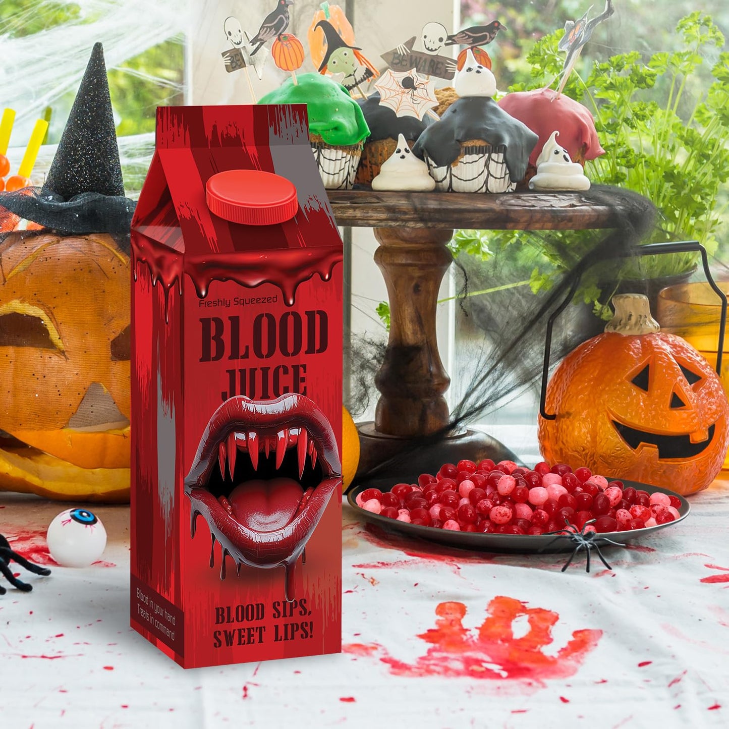 Blood Juice Halloween Jelly Beans Red Bottle Cartons Filled with Red Jelly Bean Candy - Spooky Prank Novelty Gift for Party, Haunted Houses, Vampire & Horror Favors