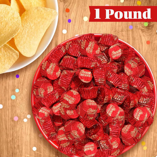 Christmas Bulk Milk Chocolate Peanut Butter Cups Miniatures 1 Pound - Individually Wrapped Chocolate Candy In Red Foil for Parties, Gift Bags, and Candy Buffets - Approx 55 Pieces