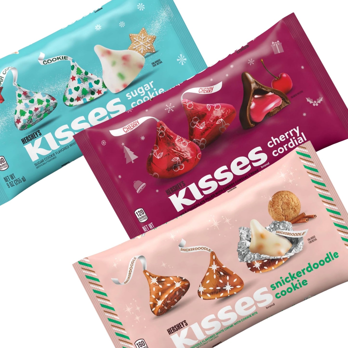 HERSHEY'S Holiday Kisses Variety Pack, Cherry Cordial, Sugar Cookie, Snickerdoodle Cookie Flavors, Limited Edition Christmas Collection, 9 Oz Bags, Pack of 3