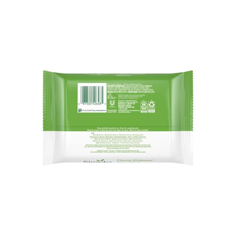Simple Kind to Skin Cleansing Wipes Micellar 4 Count Gentle and Effective Makeup Remover Free From Color and Dye, Artificial Perfume and Harsh Chemicals 25 Wipes