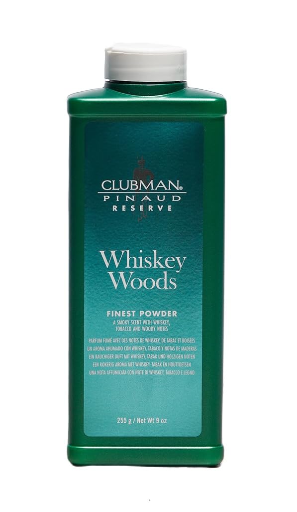 Clubman Reserve Whiskey Woods Finest Powder – Classic Men's Body Powder for Men, Refreshing Talc-Powder for Odor & Sweat Control, Barbershop Scent, 9 oz