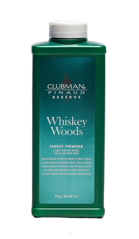 Clubman Reserve Whiskey Woods Finest Powder – Classic Men's Body Powder for Men, Refreshing Talc-Powder for Odor & Sweat Control, Barbershop Scent, 9 oz