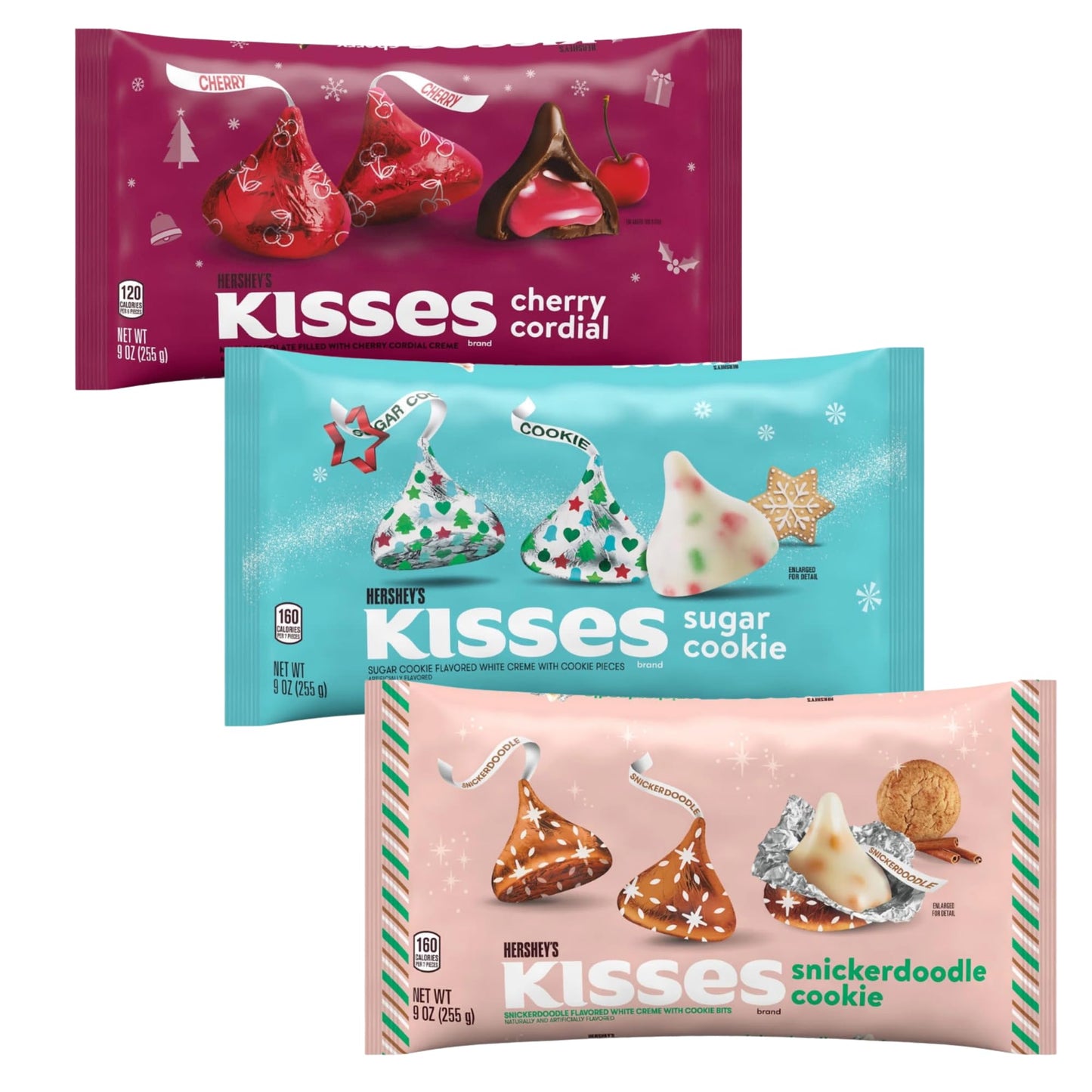 HERSHEY'S Holiday Kisses Variety Pack, Cherry Cordial, Sugar Cookie, Snickerdoodle Cookie Flavors, Limited Edition Christmas Collection, 9 Oz Bags, Pack of 3