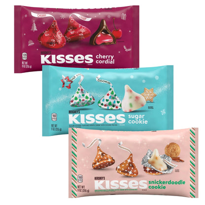 HERSHEY'S Holiday Kisses Variety Pack, Cherry Cordial, Sugar Cookie, Snickerdoodle Cookie Flavors, Limited Edition Christmas Collection, 9 Oz Bags, Pack of 3