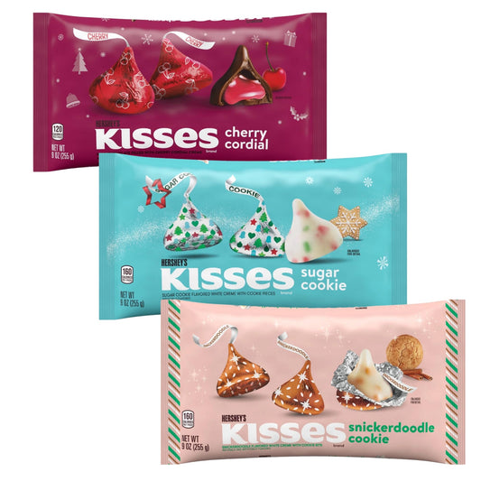 HERSHEY'S Holiday Kisses Variety Pack, Cherry Cordial, Sugar Cookie, Snickerdoodle Cookie Flavors, Limited Edition Christmas Collection, 9 Oz Bags, Pack of 3