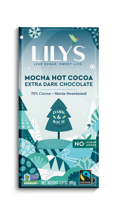 Mocha Hot Cocoa Chocolate Bar by Lily's Sweets | Stevia Sweetened, No Added Sugar, Low-Carb, Keto-Friendly | 70% Cocoa | Fair Trade, Gluten-Free & Non-GMO | 2.8 ounce, 12-Pack