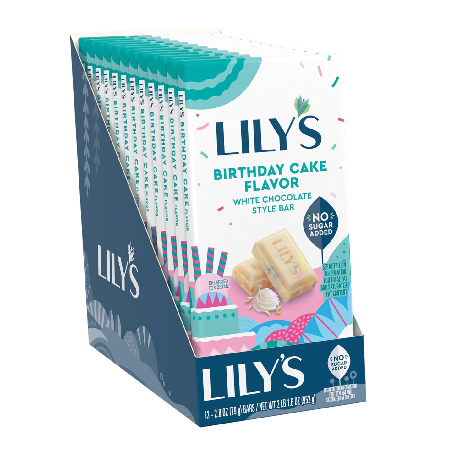 LILY'S Birthday Cake Flavor White Chocolate Style No Sugar Added, Sweets Bars, 2.8 oz (12 Count)