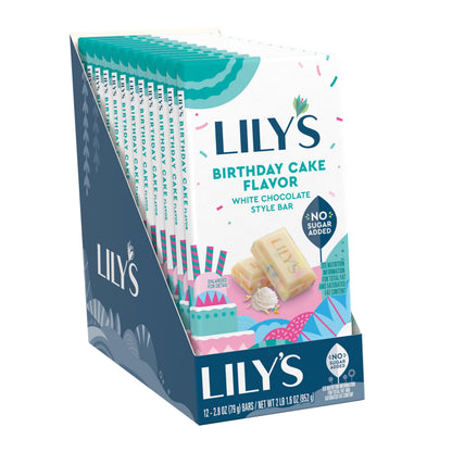 LILY'S Birthday Cake Flavor White Chocolate Style No Sugar Added, Sweets Bars, 2.8 oz (12 Count)