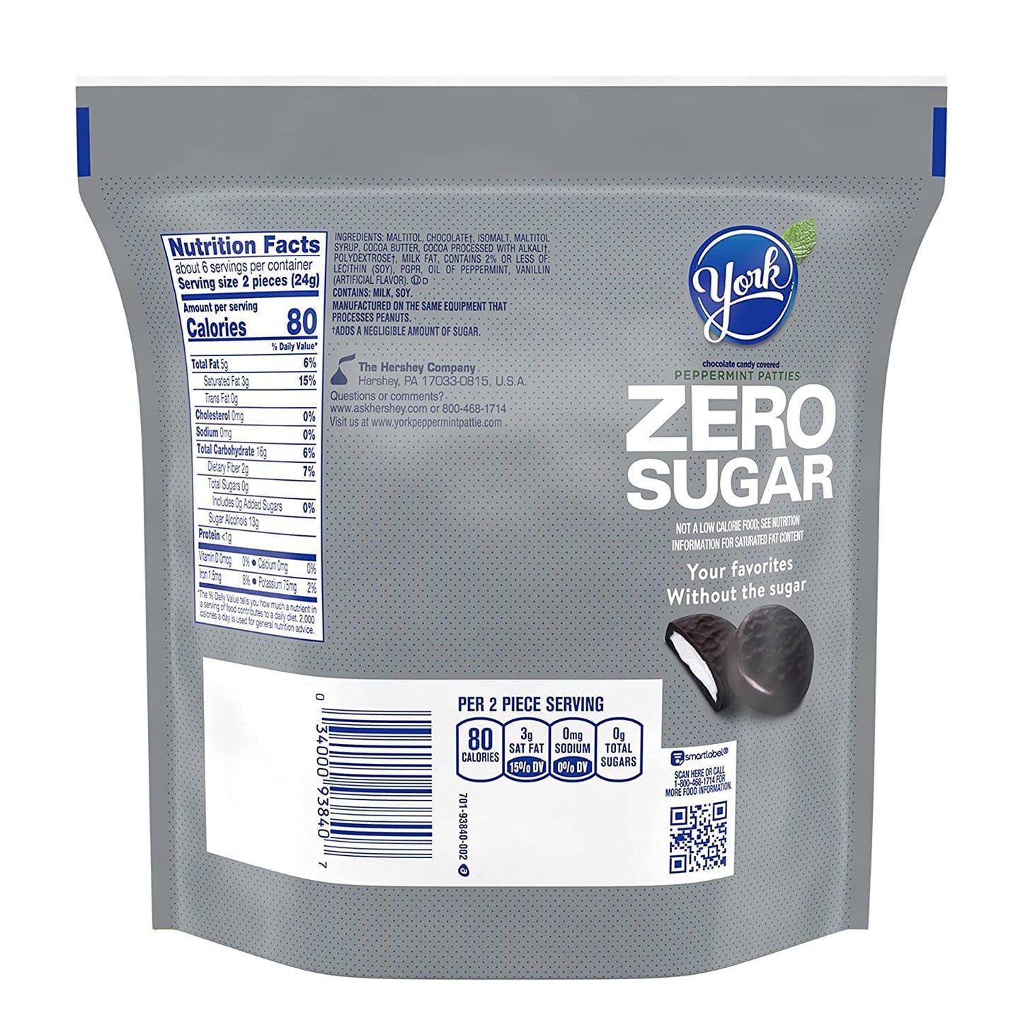 YORK Zero Sugar Chocolate Peppermint Patties Candy, Individually Wrapped, Aspartame Free, 5.1 oz Bag (Pack of 2) (2)