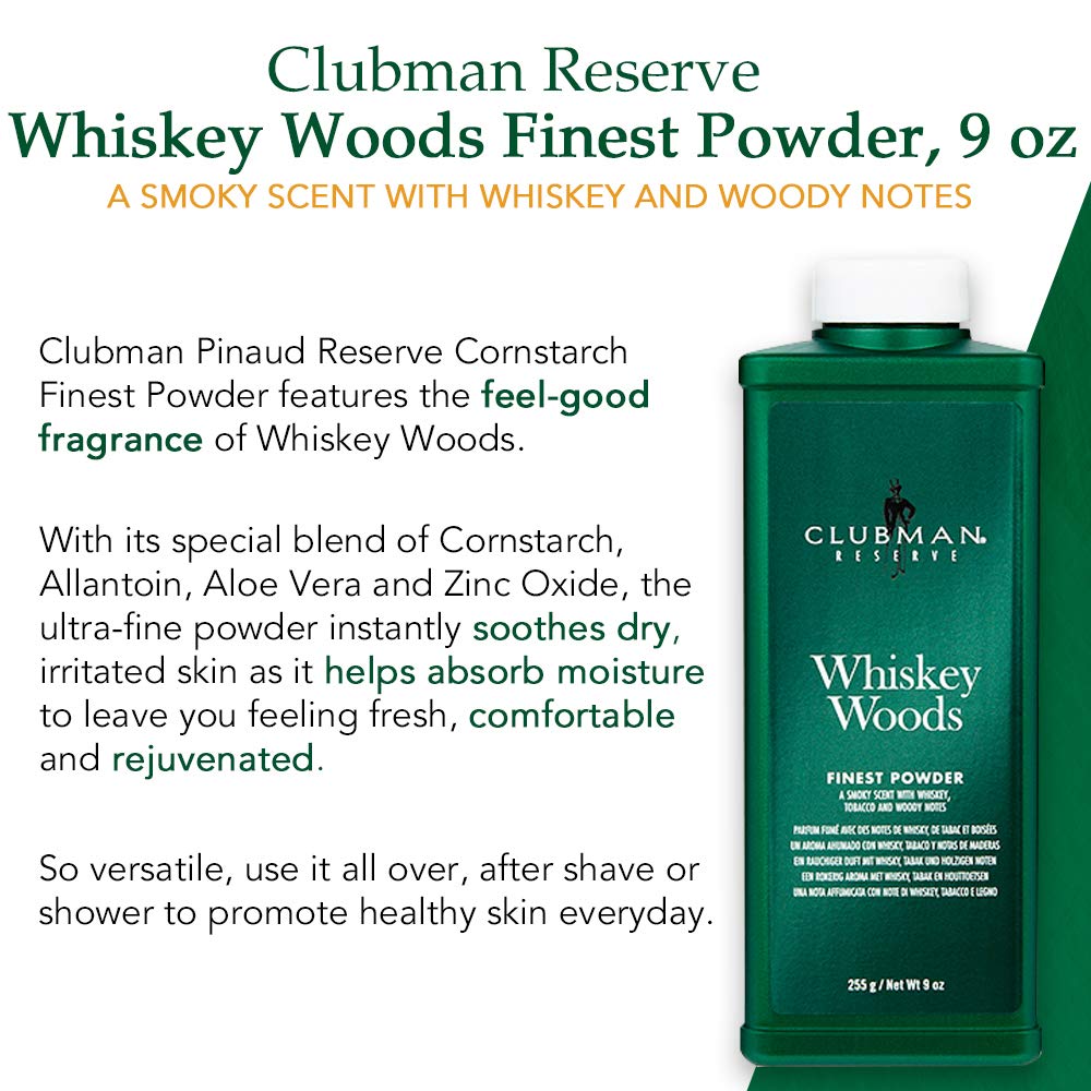 Clubman Reserve Whiskey Woods Finest Powder – Classic Men's Body Powder for Men, Refreshing Talc-Powder for Odor & Sweat Control, Barbershop Scent, 9 oz