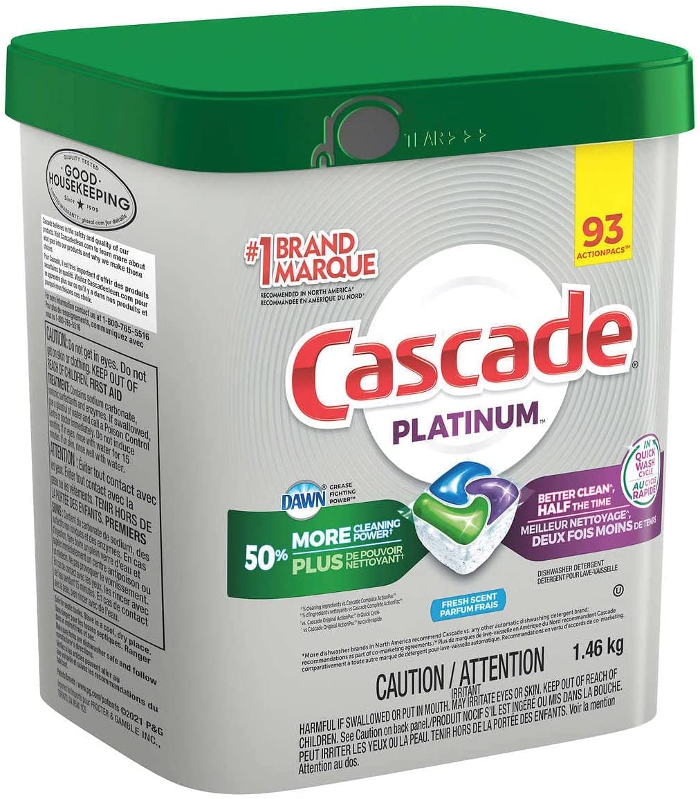Cascade Platinum ActionPacs Dishwasher Detergent with Dawn, Fresh Scent - 92 Count with 10pct bonus 102 packs