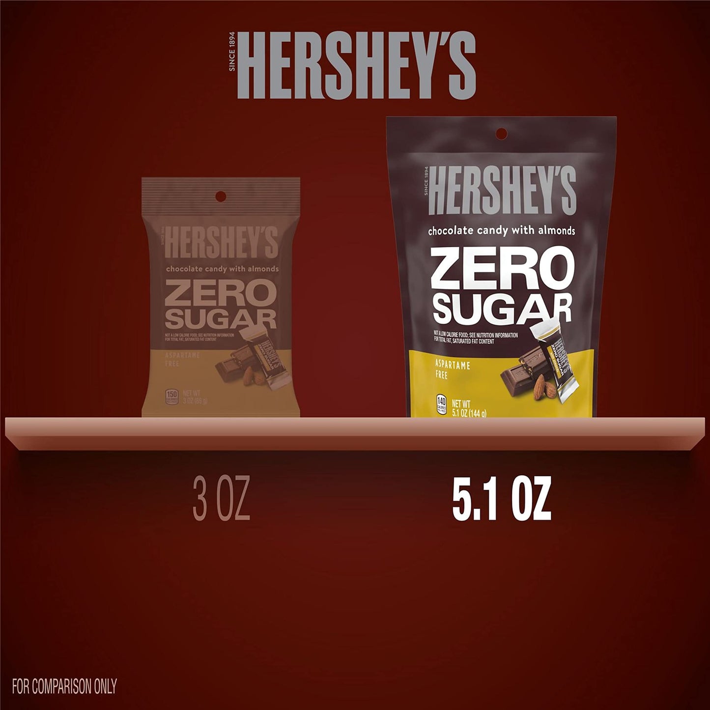 HERSHEY'S Zero Sugar Chocolate with Almonds Candy Bars, Individually Wrapped, Aspartame Free, 5.1 oz Bag