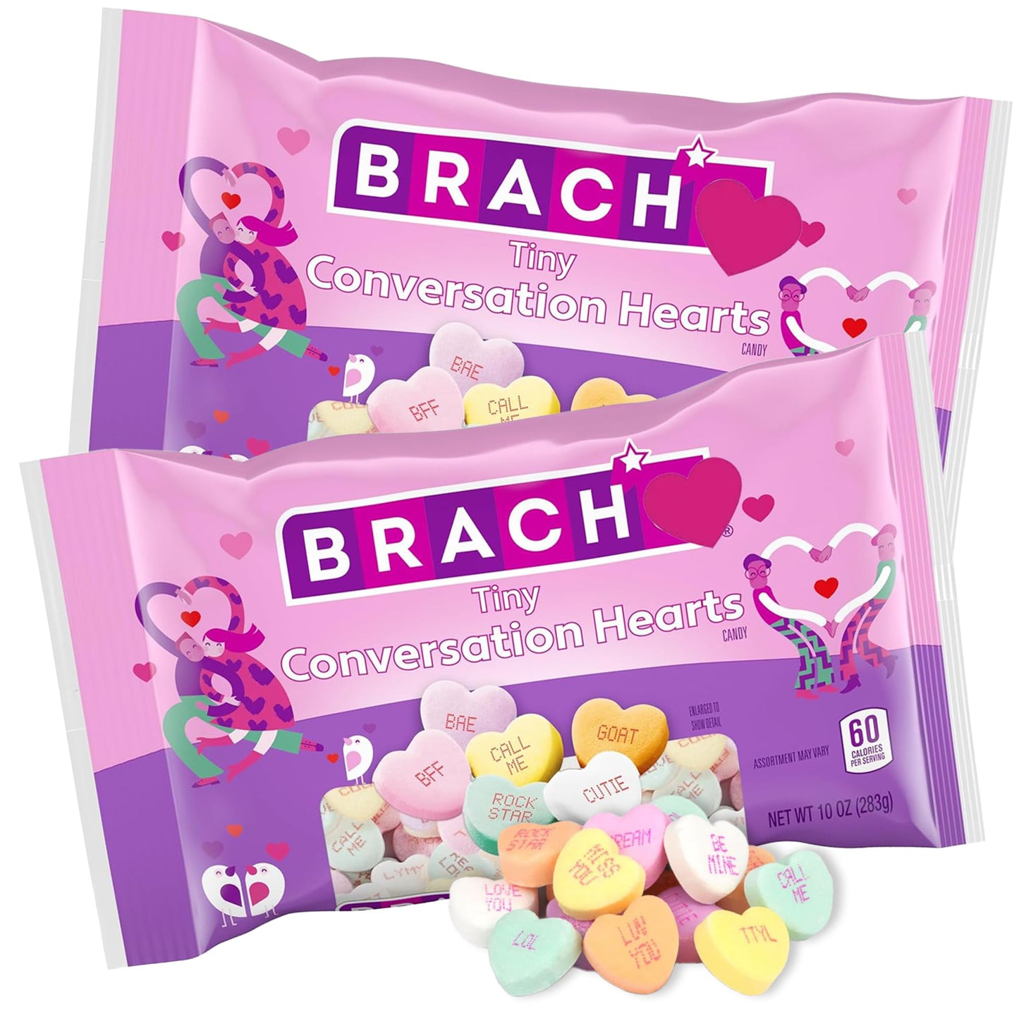Tiny Conversation Hearts Candy 2 Pack - Mini Heart-Shaped Candies with Grape, Cherry, Banana, Orange, Lemon-Lime, and Wintergreen Flavors - Classic Assorted Candies for Snacking, Gifting, and Party Favors - 10 oz Bags