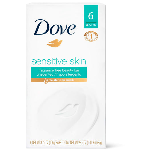 Dove Beauty Bar Gently Cleanses and Nourishes Sensitive Skin Effectively Washes Away Bacteria While Nourishing Your Skin, White, 3.75 Oz, 6 Count