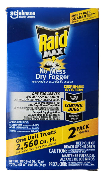 Raid Max No Mess Dry Fogger Roaches Bugs Ants Beetles Crickets Flies Mosquitoes Ticks Waterbugs (Each Cup Treats 2,560 Cu Ft) (2)