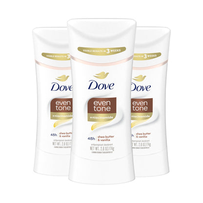 Dove Antiperspirant Deodorant Stick Even Tone Shea Butter & Vanilla Pack of 3 for 48h Odor and Sweat Protection & Skin Restoration, with Niacinamide & Visible Results in 3 Weeks, 2.6 oz