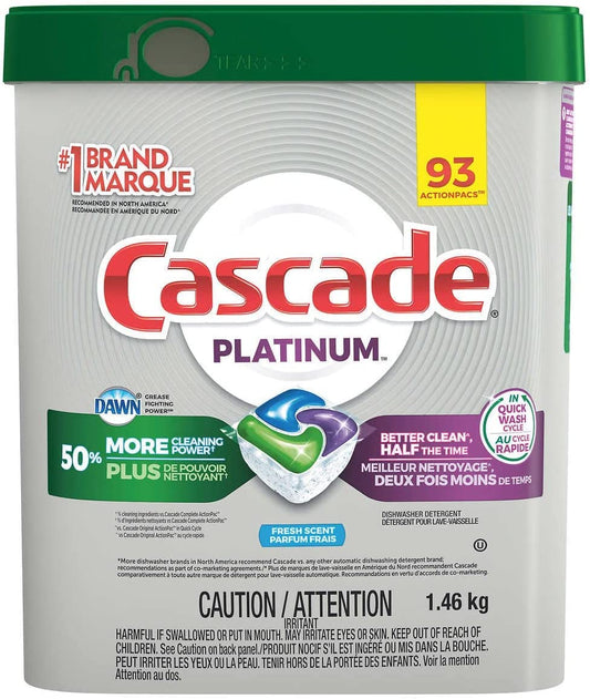 Cascade Platinum ActionPacs Dishwasher Detergent with Dawn, Fresh Scent - 92 Count with 10pct bonus 102 packs