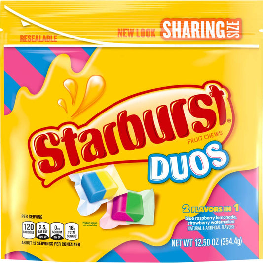 Starburst Fruit Chews Candy, Bulk Candy Individually Wrapped, Sharing Size Resealable Bag, Duos, 12.5 Ounce, Pack of 6