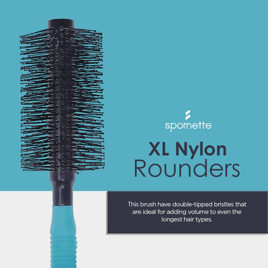 Spornette Double Stranded XL Round Brush, Nylon Bristles - Round Brush for Straightening, Anti-Frizz, Detangling, Volumizing - Styling for Wavy & Curly, Medium & Long Hair Lengths (2.25 Inches)