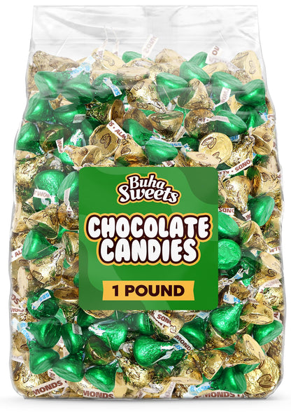 Green & Gold Foil Wrapped Milk Chocolate Candy - 1 Pound St. Patrick’s Day Bulk Chocolate Mix, Gold Almond Chocolates & Green Milk Chocolate For Party Favors, Decprations & Treats - Approx 100 Pieces