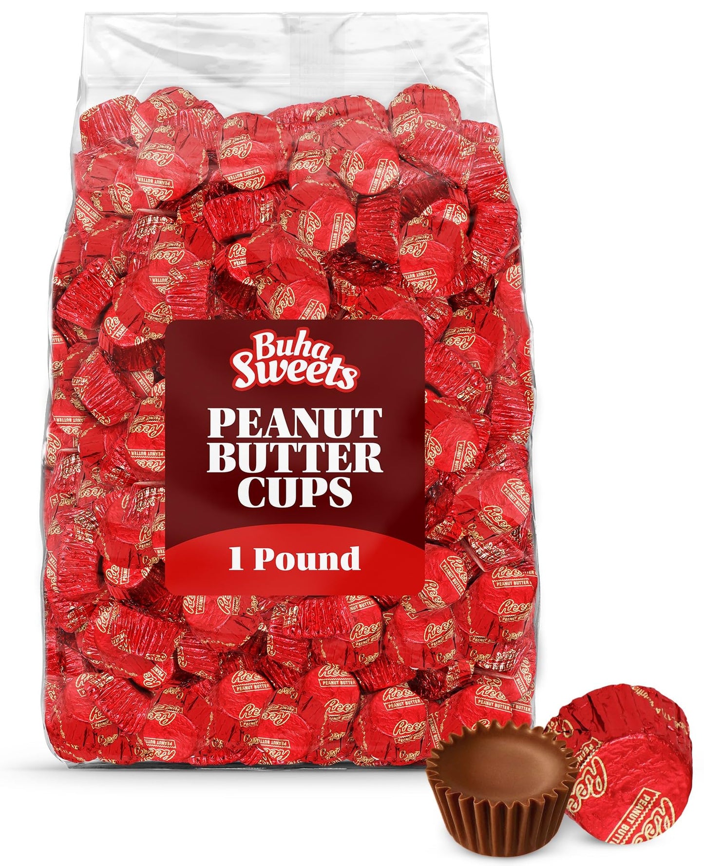 Christmas Bulk Milk Chocolate Peanut Butter Cups Miniatures 1 Pound - Individually Wrapped Chocolate Candy In Red Foil for Parties, Gift Bags, and Candy Buffets - Approx 55 Pieces