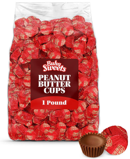 Christmas Bulk Milk Chocolate Peanut Butter Cups Miniatures 1 Pound - Individually Wrapped Chocolate Candy In Red Foil for Parties, Gift Bags, and Candy Buffets - Approx 55 Pieces