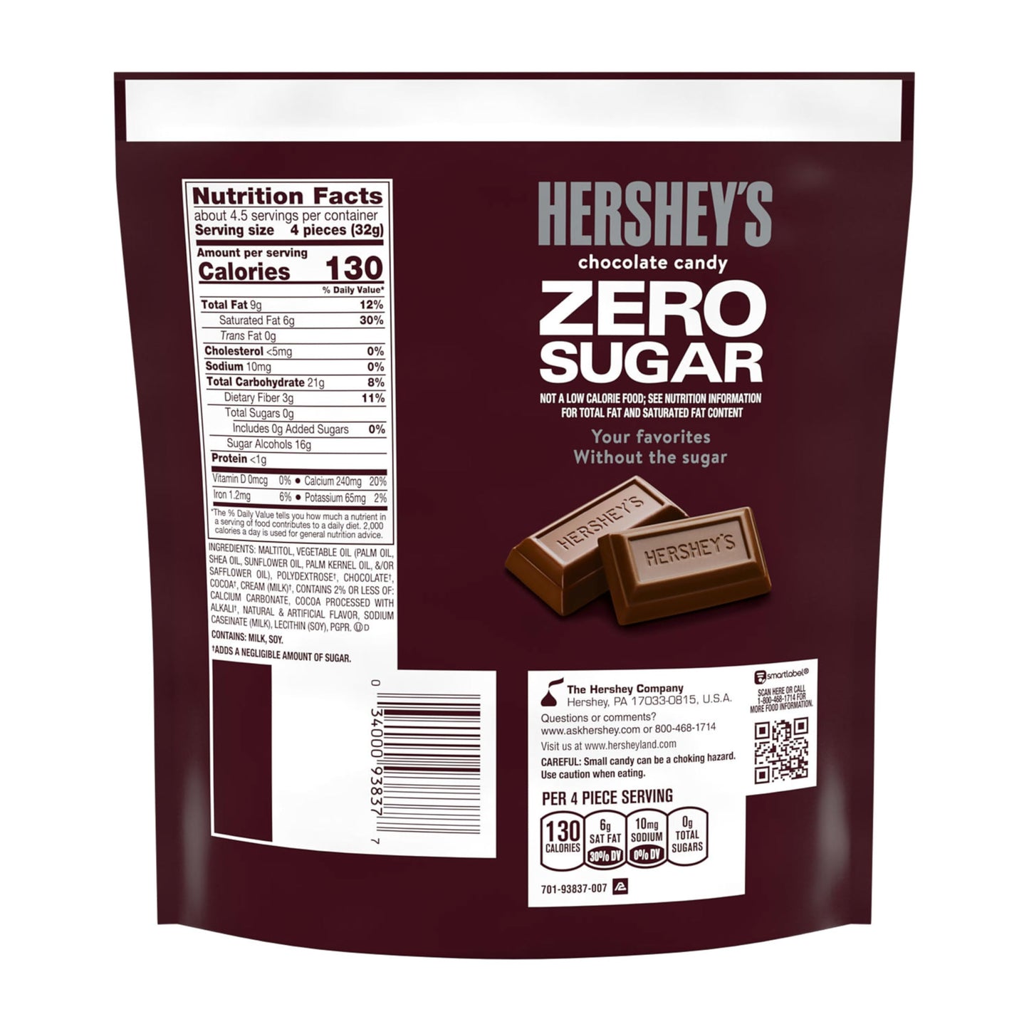 HERSHEY'S Zero Sugar Chocolate Candy Bag, 5.1 oz
