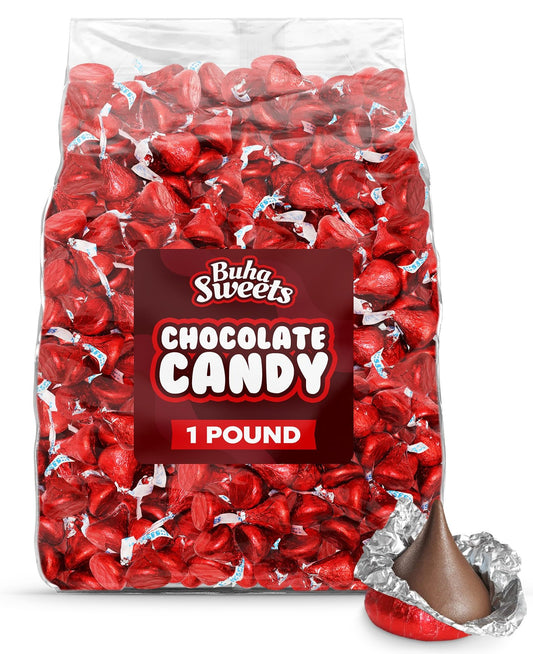 Bulk Milk Chocolate Candy in Red Foil - 1 Pound Bag Individually Wrapped Classic Chocolate Drops for Valentine’s Day, Weddings, Candy Buffets, Parties, and Gifts - Approx 100 Pieces