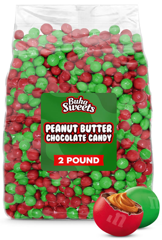 Bulk Christmas Peanut Butter Chocolate Candy 2 Pound - Red & Green Candy Coated Peanut Butter Filled Milk Chocolates - Festive Holiday Candy Mix for Baking, Decorating, Party Bowls, Gift Bags & Stocking Stuffers