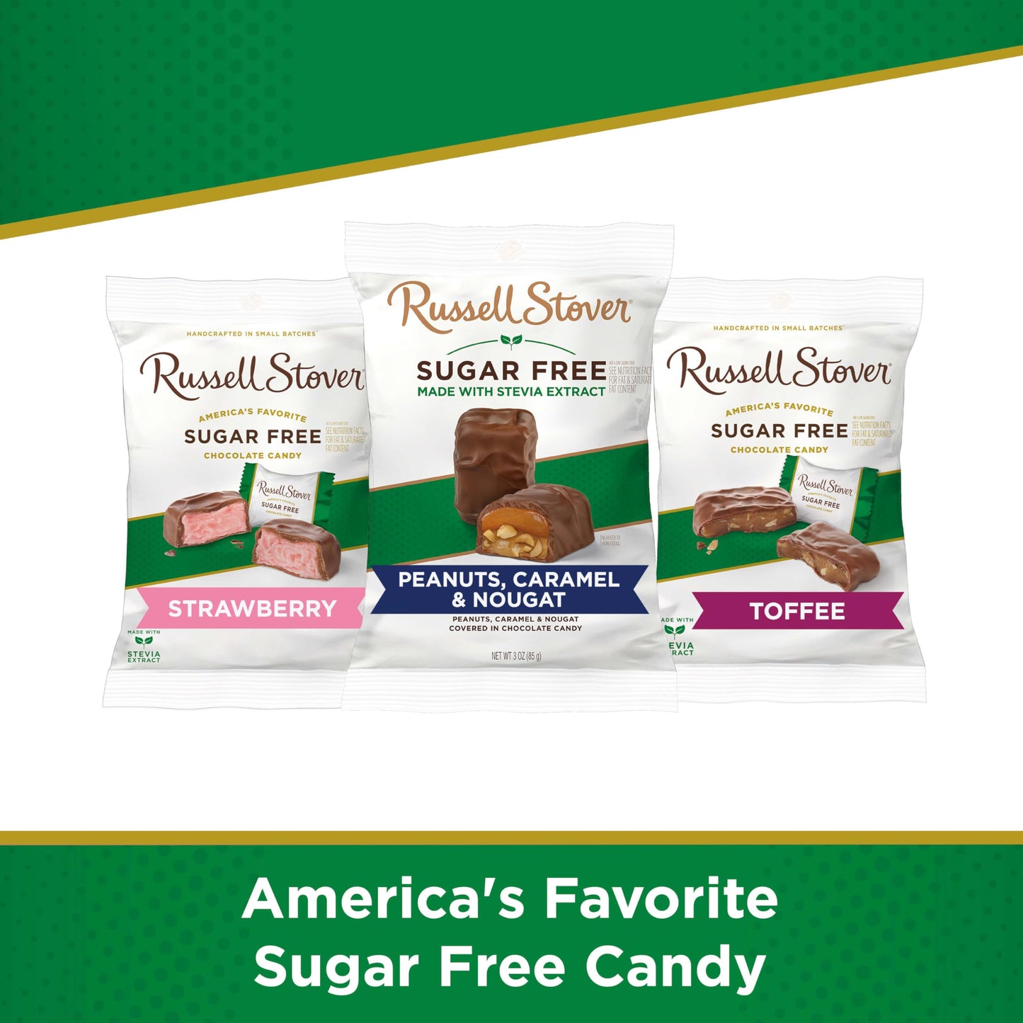 Russell Stover Sugar Free Milk Chocolate Peanut, Caramel & Nougat, 3 Ounce Bag - Pack of 10