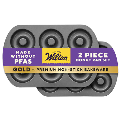 Wilton Gold Non-Stick 2 Piece Donut Pan Set, Stainless Steel Bakeware, Made without PFAS, Packaging May Vary