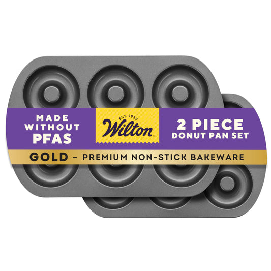 Wilton Gold Non-Stick 2 Piece Donut Pan Set, Stainless Steel Bakeware, Made without PFAS, Packaging May Vary