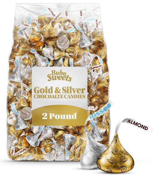 Bulk Chocolate 2 Pound Gold & Silver Foil Assorted Almond & Milk Chocolate Candy Mix - Approx. 200 Pieces Individually Wrapped for Parties, Buffets, and Gift Bags