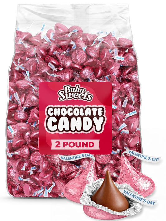 Bulk Valentine’s Pink Wrapped Milk Chocolate Candy - 2 lb Bag Pink Wrapped Chocolates for Valentine’s Day, Candy Buffets, Party Favors & Treats Approx 200 Pieces