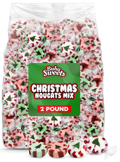 Christmas Nougats Candy - Handmade Soft & Chewy Individually Wrapped Festive Holiday Mints for Candy Bowls, Stockings, Parties, Gift Bags & Treats