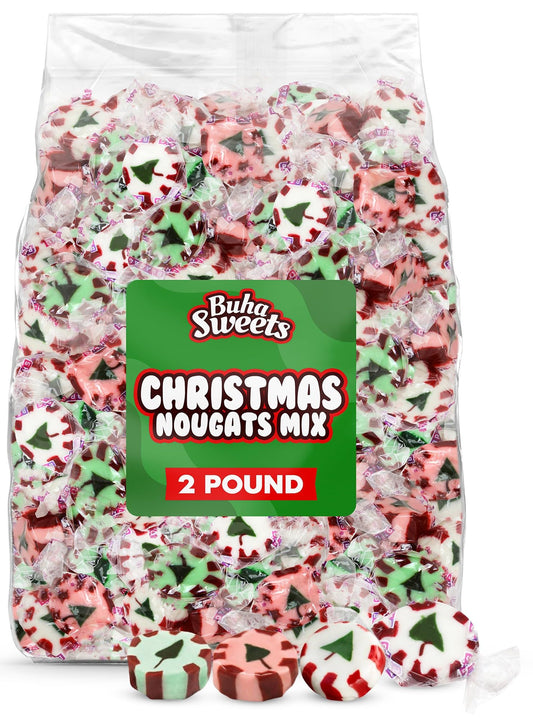 Christmas Nougats Candy - Handmade Soft & Chewy Individually Wrapped Festive Holiday Mints for Candy Bowls, Stockings, Parties, Gift Bags & Treats