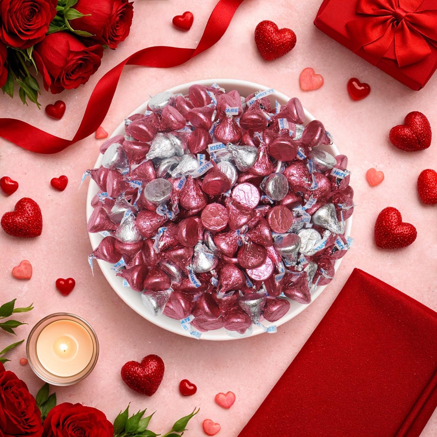 Pink and Silver Foil-Wrapped Milk Chocolate Valentine Candy - Individually Wrapped Valentine’s Day Chocolate for Gift Bags, Candy Bowls, Parties & Treat Exchanges