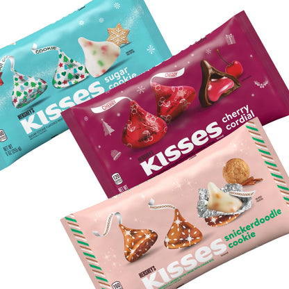 HERSHEY'S Holiday Kisses Variety Pack, Cherry Cordial, Sugar Cookie, Snickerdoodle Cookie Flavors, Limited Edition Christmas Collection, 9 Oz Bags, Pack of 3