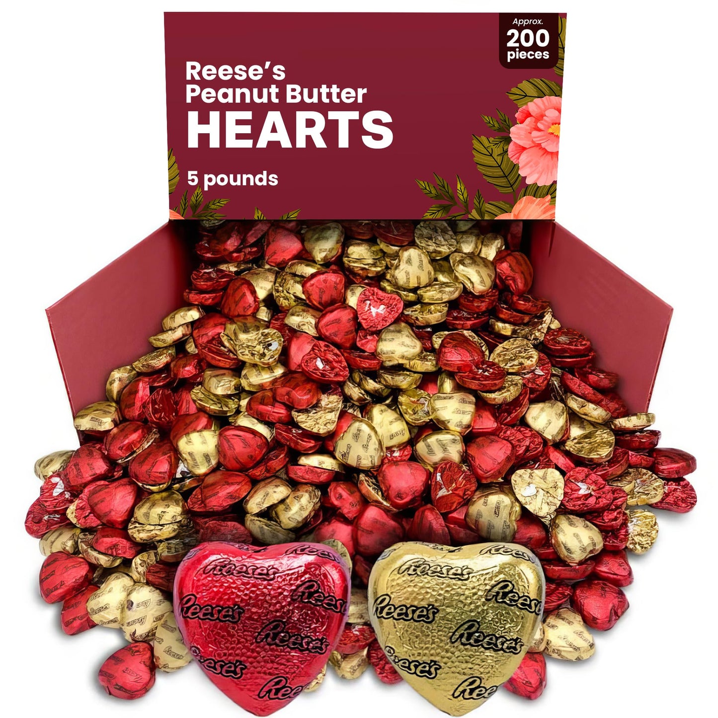 Reeces Peanut Butter Hearts Chocolate bulk - 5 Pounds Approx 200 Hearts Gold & Red Foil - Individually Wrapped Candy Snacks - Milk Chocolate Reeces Peanut Butter Hearts - Perfect Chocolate Gift - Snacks For Adults and Kids, Ideal For Chocolate Gift Basket