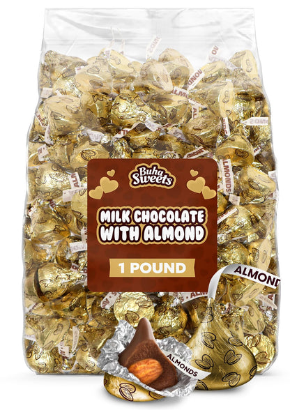 Gold Foil Almond Milk Chocolate Kisses- 1 Pound Bag Individually Wrapped Almond-Filled Chocolates for Holidays, Candy Bowls, Gift Bags & Party Treats