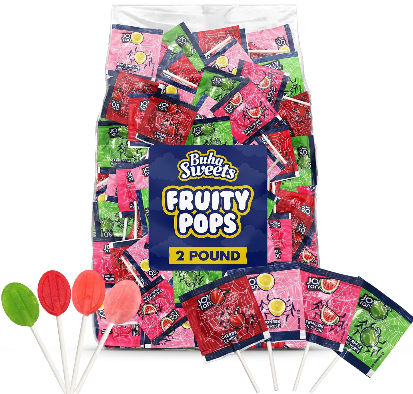 Bulk Halloween Lollipops Candy Variety Pack - 2 Pound Approx. 120 Suckers - Assorted Flavors Cherry, Watermelon, Green Apple & Pink Lemonade - Individually Wrapped Flat Lollipop for Parties, Candy Buffets & Treat Bags