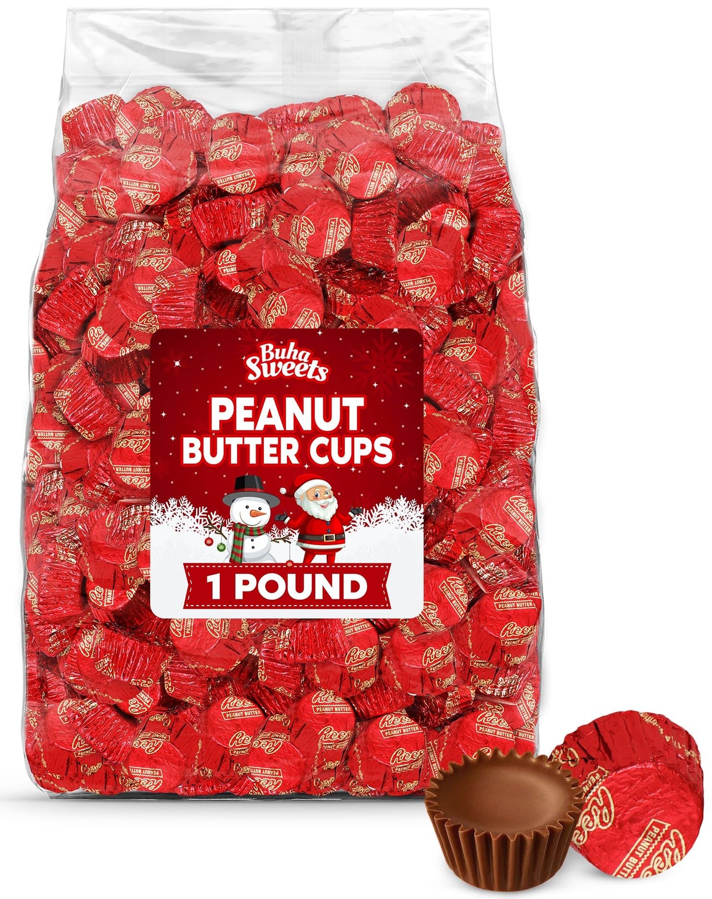 Christmas Bulk Milk Chocolate Peanut Butter Cups Miniatures 1 Pound - Individually Wrapped Chocolate Candy In Red Foil for Parties, Gift Bags, and Candy Buffets - Approx 55 Pieces