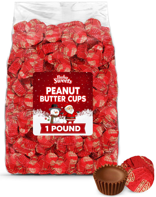 Christmas Bulk Milk Chocolate Peanut Butter Cups Miniatures 1 Pound - Individually Wrapped Chocolate Candy In Red Foil for Parties, Gift Bags, and Candy Buffets - Approx 55 Pieces