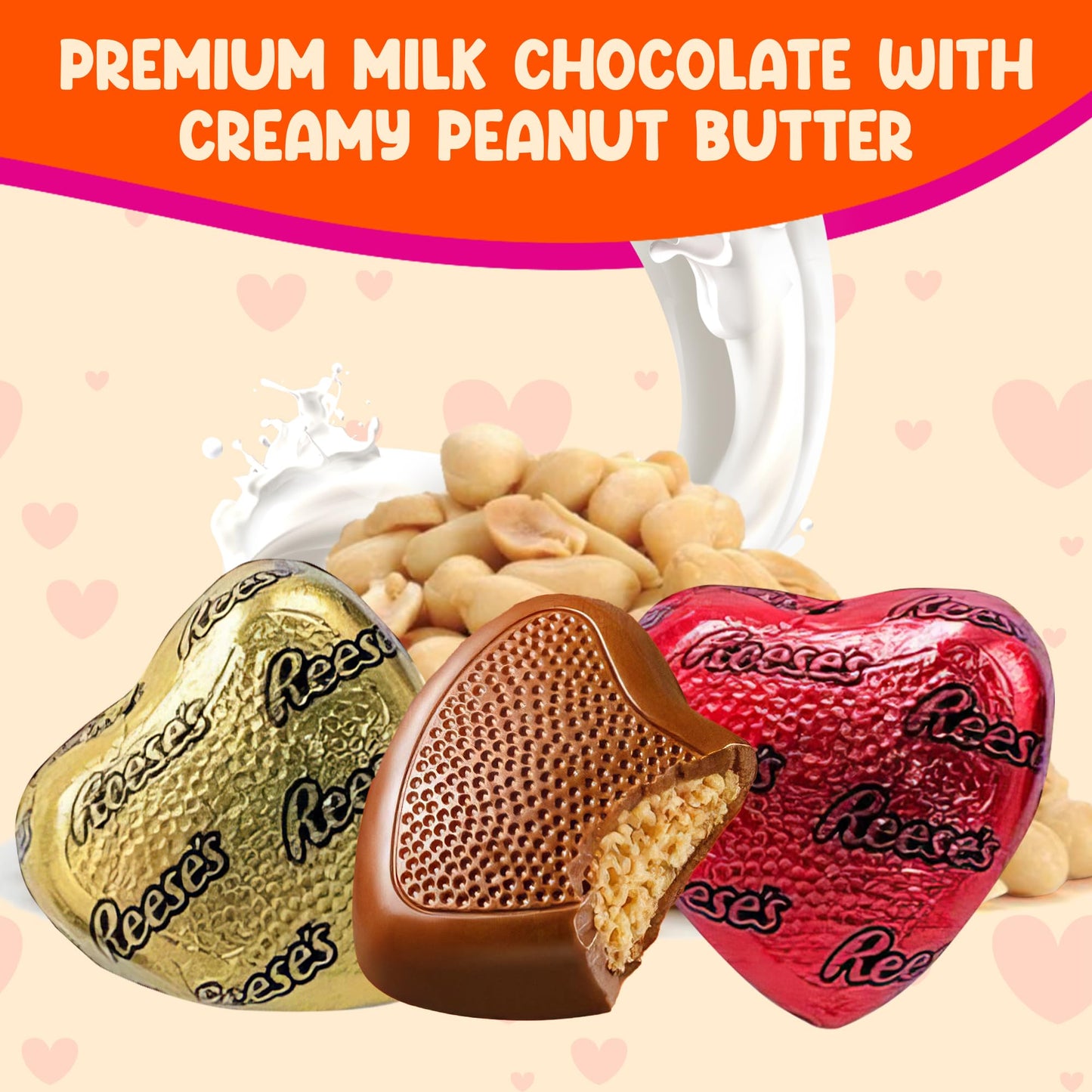 Reeces Peanut Butter Hearts Chocolate bulk - 5 Pounds Approx 200 Hearts Gold & Red Foil - Individually Wrapped Candy Snacks - Milk Chocolate Reeces Peanut Butter Hearts - Perfect Chocolate Gift - Snacks For Adults and Kids, Ideal For Chocolate Gift Basket
