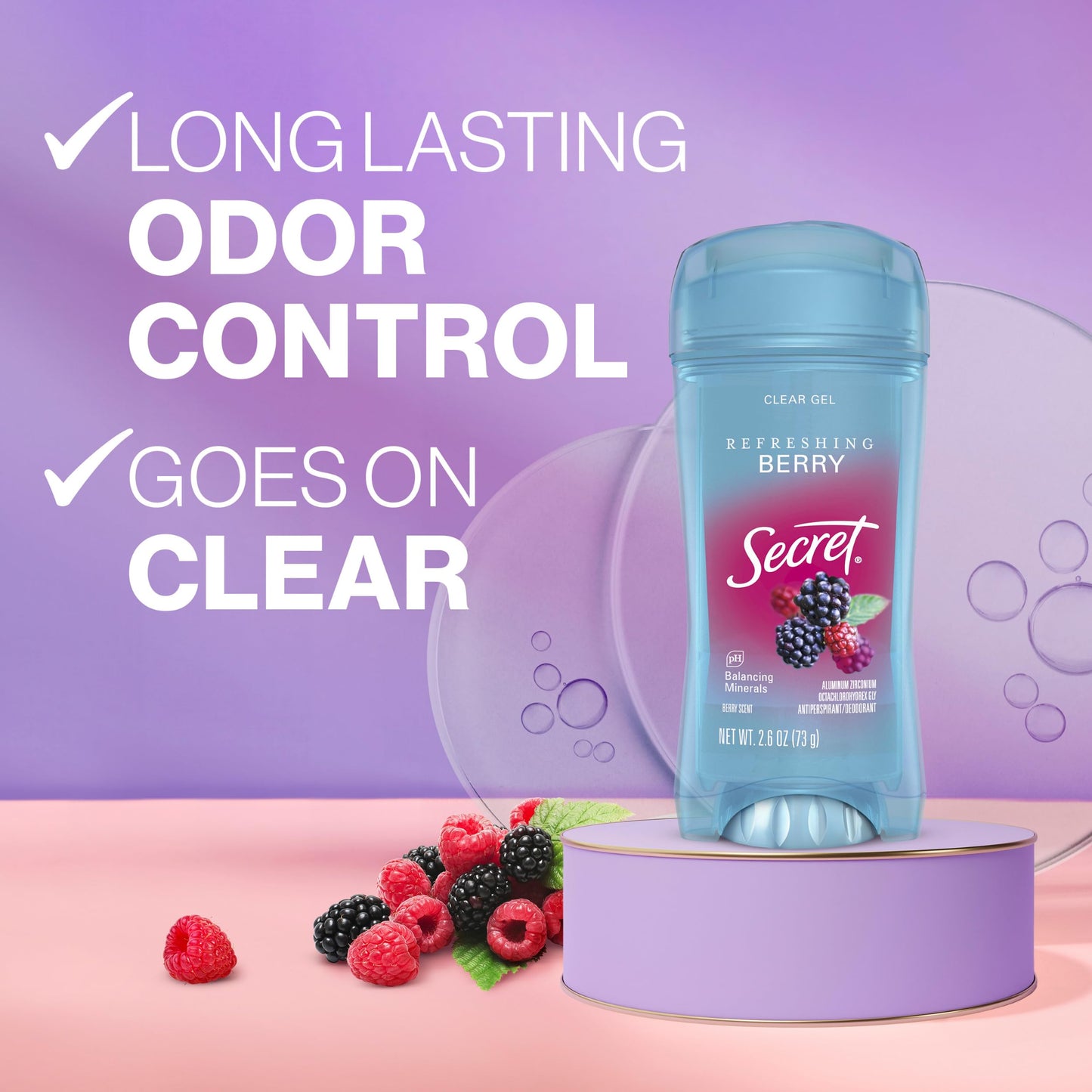Secret Fresh Antiperspirant Deodorant for Women, 72hr Breathable Sweat & Odor Protection, Instant Freshness & Gentle, PH Balancing Minerals, Clear Gel, Refreshing Berry Scent, 2.6 oz (Pack of 6)