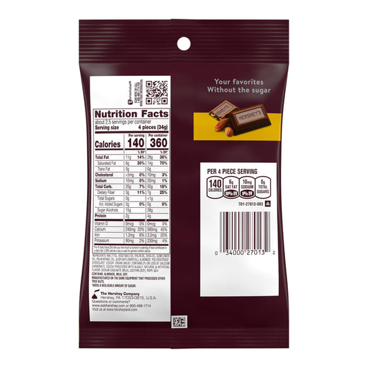HERSHEY'S Zero Sugar Chocolate with Almonds Candy Bags, 3 oz (12 Count)