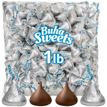 Bulk Milk Chocolate Kisses 1 Pound Approx. 100 Pieces - Individually Wrapped Silver Foil Milk Chocolate Candy for Party Favors, Candy Buffets & Gifts