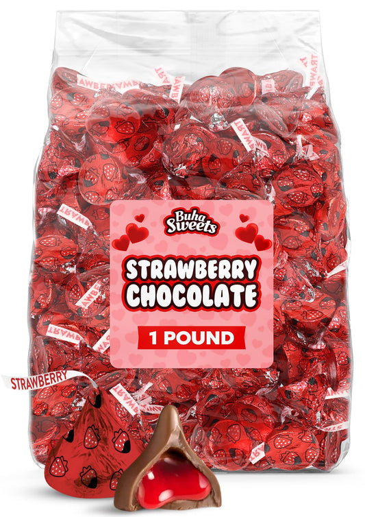 Strawberry Filled Chocolate Valentine Candy - 1 Pound Individually Wrapped Valentine’s Day Candy for Parties, Gift Bags, Candy Bowls, Treat Exchanges & Holiday Celebrations