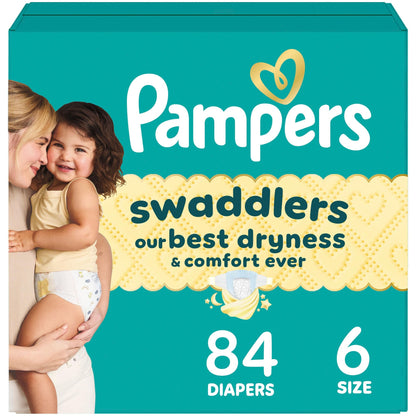 Pampers Swaddlers Diapers, Size 6 (23-44 lbs), 84 Count, Absorbent, Keeps Baby Dry and Comfortable, Skin Safe Disposable Baby Diaper (Packaging May Vary)