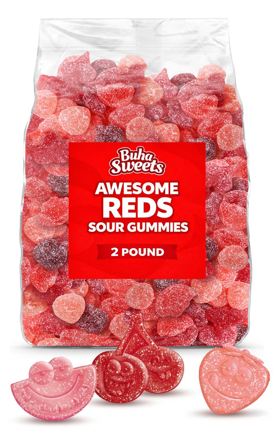 Awesome Red Sour Gummies Candy -2 Pound Bulk Bag, Assorted Red Fruit Flavors, Soft & Chewy Sour Gummy Candy for Parties, Sharing, Candy Bowls & Snacking